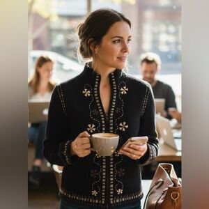 Lauren Hansen Sweater Womens S Black Wool Leather Floral‎ Embroidered Vintage